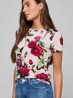 L'AGENCE | Women's Pink Red Floral Short Sleeve Tee